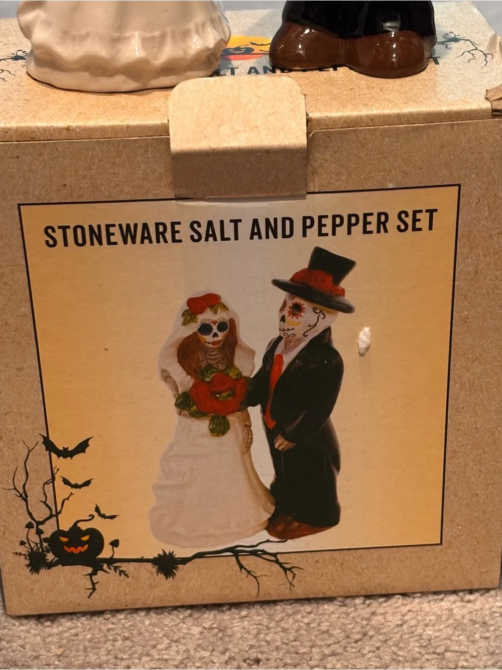 Stoneware Day of the Dead Bride & Groom Salt and Pepper Set - White and Black